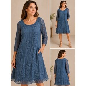Soft Surroundings Blue Silk Floral Embroidered 3/4 Sleeve Lined Dress‎ XS 2EY63
